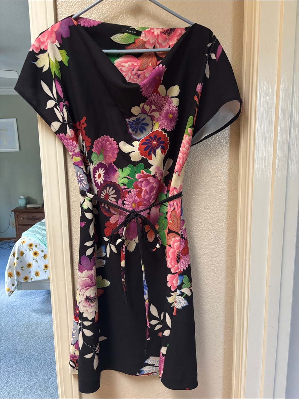 Natori Black Floral Mini Dress with Pink, Purple & Green Accents